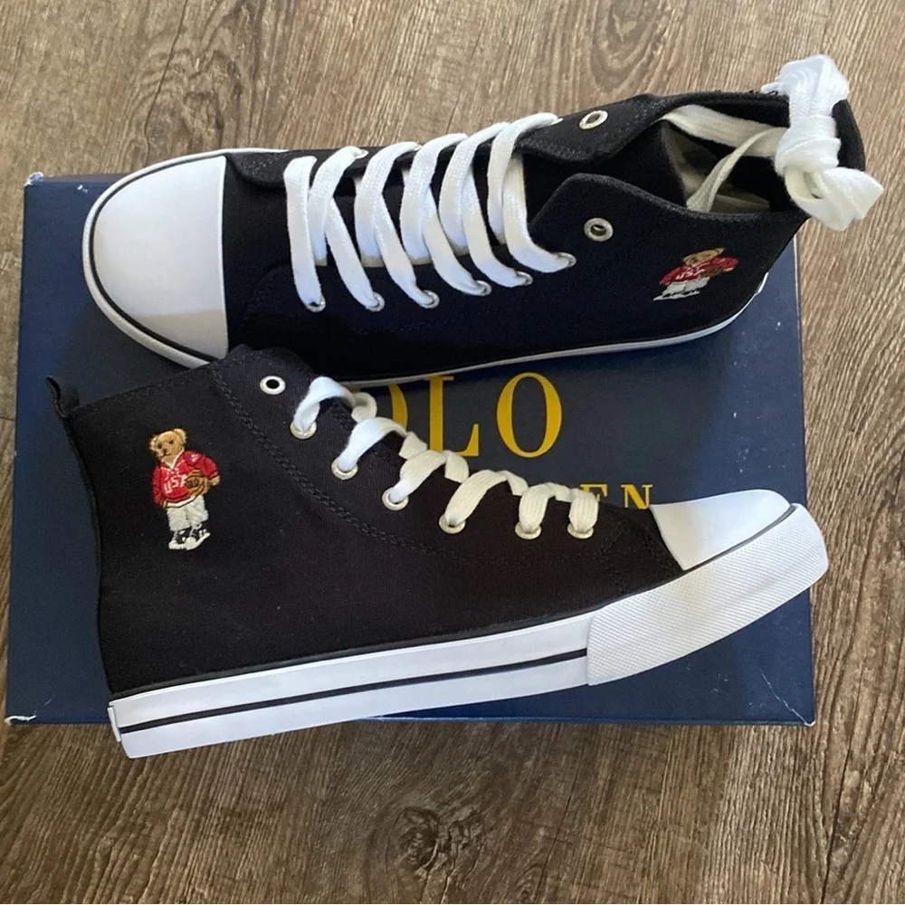 Polo Ralph Lauren Boys Shoes Size 7 Black High Top Canvas Sweater Bear Sneakers